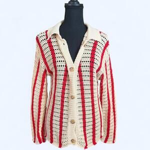 Vintage 2000’s Red and cream striped crochet cardigan Size Small